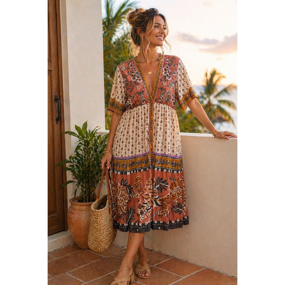 Farm Rio Mixed Scarves Midi Dress Womens Large Multi Color Boho Patchwork Artsy